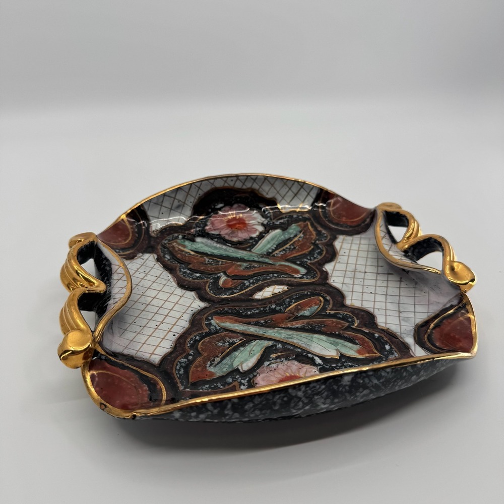 Vtg Italian Art Pottery Floral Tray Gold Gilt Handles Raised Relief Italy MCM